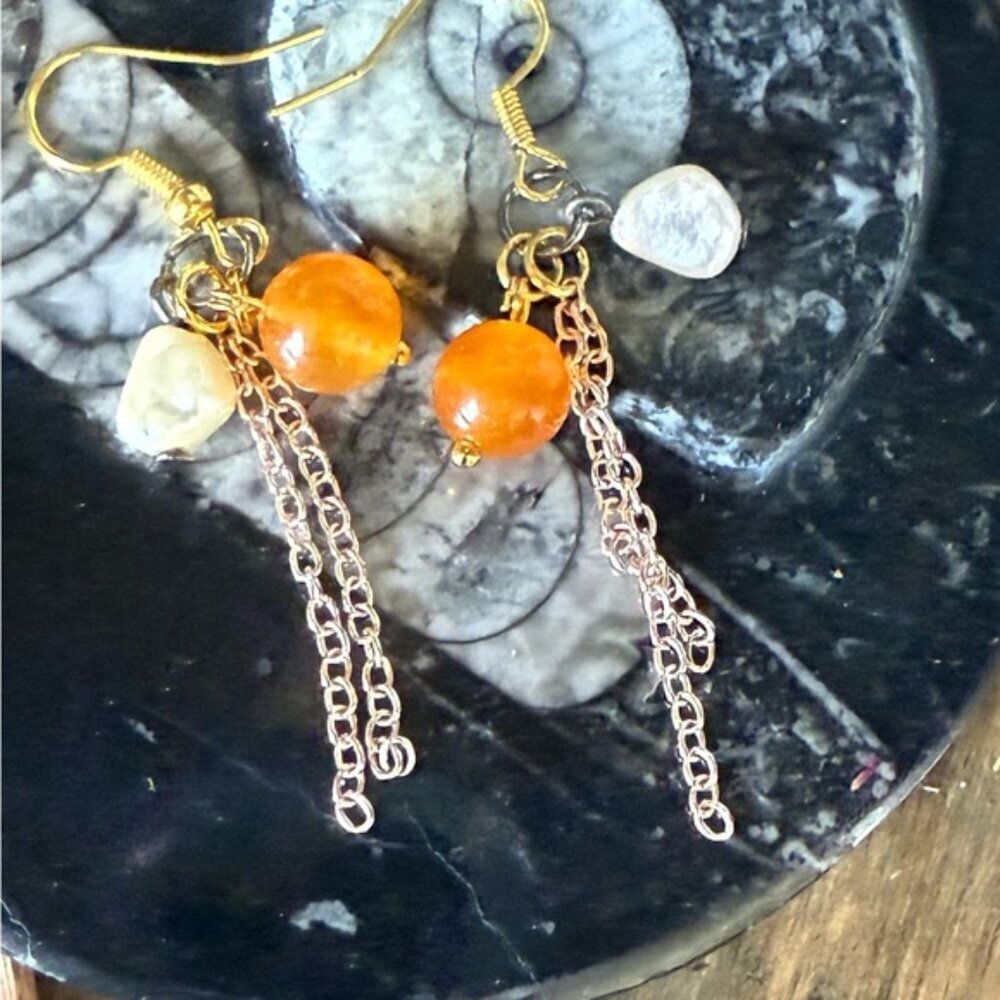Baroque pearl and orange jade statement earrings SHOULDER DUSTER